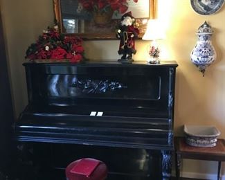 Antique piano, carved piano stool, framed needlepoint