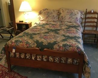 Full size bed (maple), night stand, art, bed linens