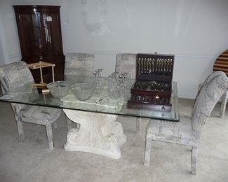 Glass Top Dining Room Table and Chairs and Silverware
