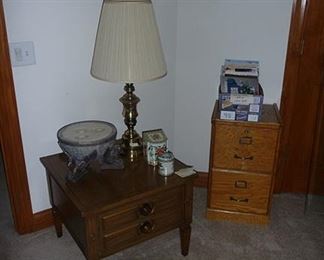 Table, Lamp and Oak File Cabinet