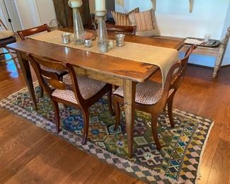 Farm table, chairs, Kilim rug