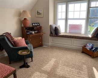 Desk, upholstered chair, vintage doll cradle