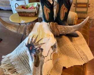 Painted cow skull, cowboy boots