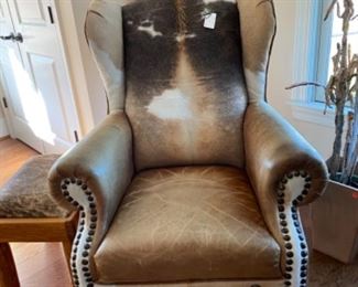 Cowhide chair, hide foot stool