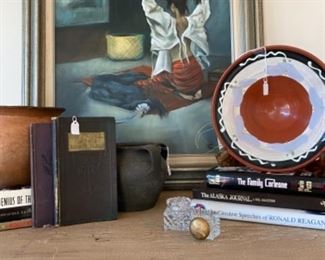 Linda Martin painting, miscellaneous pottery, vintage books