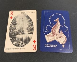 Australia Valentine series souvenir playing cards. Australian views, circa 1920. Complete pack of 56 cards including 1 joker and 3 extra cards. Some of the views depicted are Barron Falls, Hyde Park in Sydney and the Pinnacle. T is a kangaroo on the reverse and an outline of Australia on the box. The cards are in very nice (no damage) condition for their age and have a linen finish. 