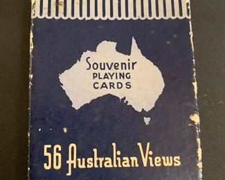 Australia Valentine series souvenir playing cards. Australian views, circa 1920. Complete pack of 56 cards including 1 joker and 3 extra cards. Some of the views depicted are Barron Falls, Hyde Park in Sydney and the Pinnacle. T is a kangaroo on the reverse and an outline of Australia on the box. The cards are in very nice (no damage) condition for their age and have a linen finish. 