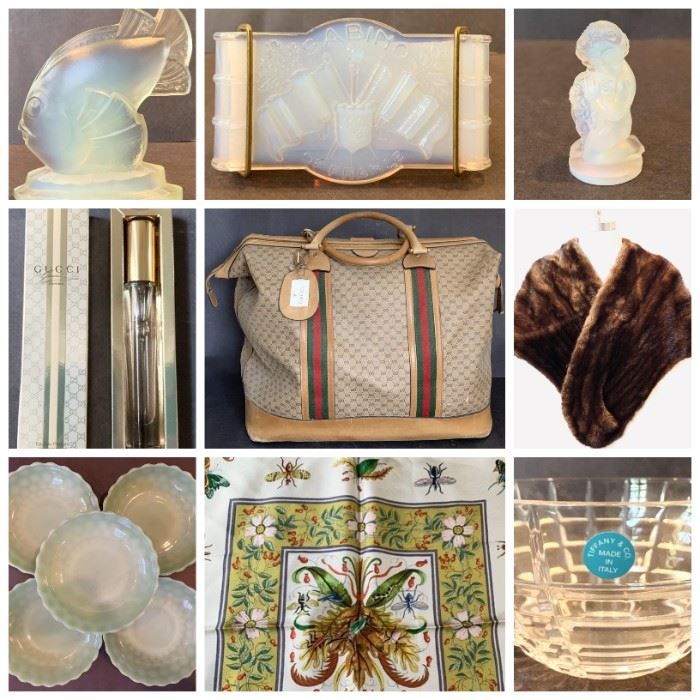 Fabulous Gucci Weekender Travel Bag, Gucci Perfume, Vintage Tiffany Bank, Vintage Victorian Style Loveseat, Tiffany Glass Vase, Antique Matchbox, Vintage Steck Piano, Sabino Paris Collectibles, New Silk Gucci Scarf, Rare Fire King Bubble Bowls, 2 Vintage Copper Pots With Stand, Lots Of Vintage Pyrex & MORE! 
