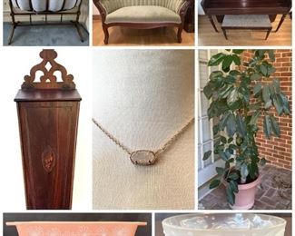Fabulous Gucci Weekender Travel Bag, Gucci Perfume, Vintage Tiffany Bank, Vintage Victorian Style Loveseat, Tiffany Glass Vase, Antique Matchbox, Vintage Steck Piano, Sabino Paris Collectibles, New Silk Gucci Scarf, Rare Fire King Bubble Bowls, 2 Vintage Copper Pots With Stand, Lots Of Vintage Pyrex & MORE! 
