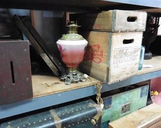 Trunks tables pepsi wood crate tin lamps brass lamp