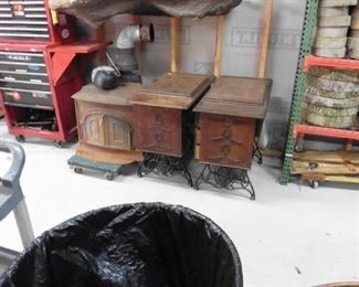 1 singer sewing machine early 1900 with stand and drawers and .  vermont castings reliant wood stove. round wood slices 8-24 inches for weddings and center pieces