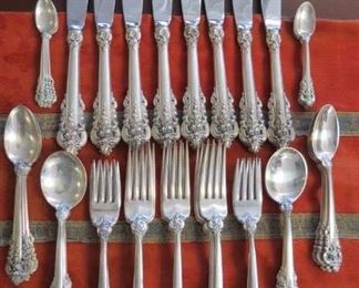 Grande Baroque sterling silver flatware dinner set (pre-1947).  Eight place setting.