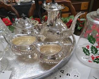Antique English coffee/tea pot, creamer and sugar with large serving tray.