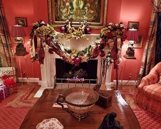 Living room mantle showing Christmas decorations. 