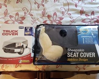 Sheepskin car seat cover and full size truck cover, new in box
