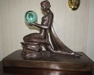 Large Art Nouveau bronze nude with gazing ball