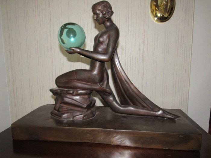 Large Art Nouveau bronze nude with gazing ball