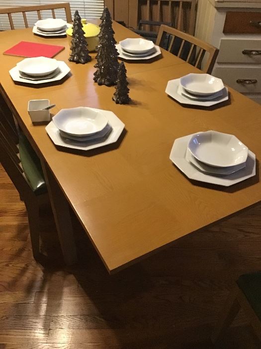 Midcentury fold down table top w/6 chairs 60% off.     Sears Harmony House Octagon dishes 6 place setting