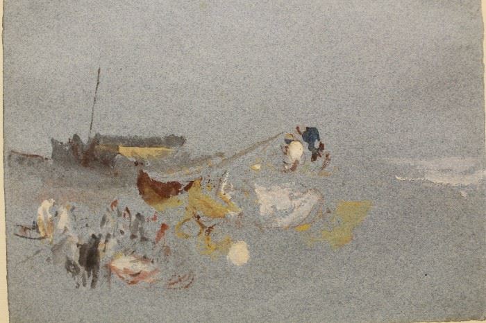 Painted 1820's given to artist's landlady.  "Fisherman on the Shore"; watercolour and bodycolor on blue wove paper; exhibited Toronto Art Gallery 1995
