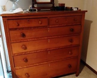1800s Early American dresser; antique gentleman's shaving mirror; electrified kero lamp