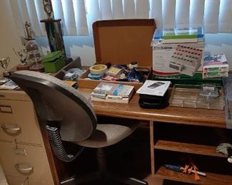 Desk, file cabinet, secretary chair, misc smalls