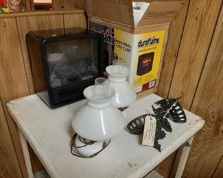 Duraflame personal heater; pair antique lamps with brackets
