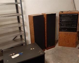 Older stereo set; tv stand; metal shelf