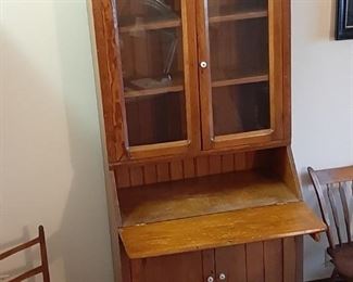 1800s Early American bookcase cabinet with drop front opened