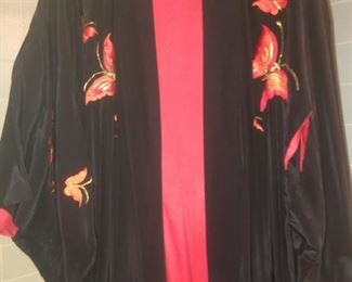 Vintage, 1950's? "Mede (sic) In Japan"  Butterfly Embroidered Black Silk Kimono w/Red Silk lining. Nice Condition --Beautiful Garment! Valentine?