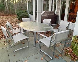 Item 34:  Brown Jordan Contemporary Table and (6) Chairs:  $2400                                                                              Table - 87.25"l x 51.5"w x 27.5"h                                                             Chairs - 27"l x 19.5"w x 32"h