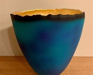 Item 199:  Elegant Aqua Matte Vessel with Gold Gilt Interior - 11" x 11.5":  $65