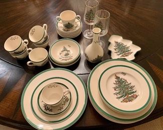 Item 64:  Spode Christmas Tree set: $65                                                              8 dinner plates, 7 dessert plates, 1 tree shaped dish, 2 wine glasses, 7 cups & 10 saucers, 1 vase, 1 bowl, 2 mini plates