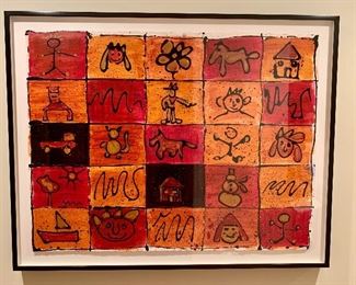 Item 73:  Oil on canvas-Orange, Red and Black Grid with Symbols - 45.75" x 35":  $275