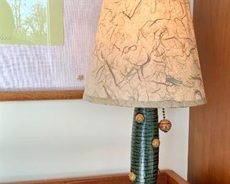 Item 163:  Signed decorative lamp with bird finial- crafted with exotic woods - 18":   $125