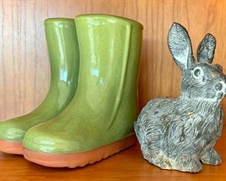 Item 222:  Ceramic Boots Vase and Bunny: $14                               Vase - 6"                       