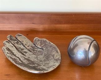 Item 223:  Metal Hand and Baseball Paperweights- Hand - 6.5": $14       