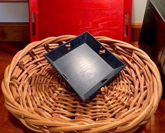 Item 258:  Blue and Red wood  trays with heart cut-outs and Large Wicker Platter/Bowl:  $28                                                                 Wicker oval - 24" x 16"                                                                                     Red tray with hearts - 17.25" x 12.5"                                                  Blue with hearts - 8.5"