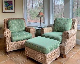 Item 138: (2) Woven rattan chairs and ottoman with cushions : Chairs with cushions - 38"l x 36"w x 36"h: $325 each Ottoman with cushion - 27"l x 21"w x 17"h: $175