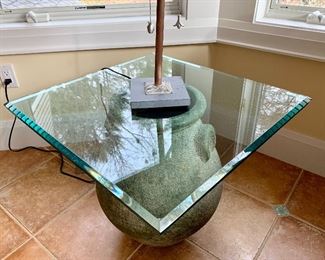 Item 140:  Pottery table with glass top - 24" x 22":  $245