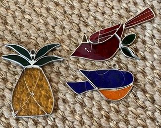 Item 259:  Three stained glass ornaments - pineapple, two birds: $14