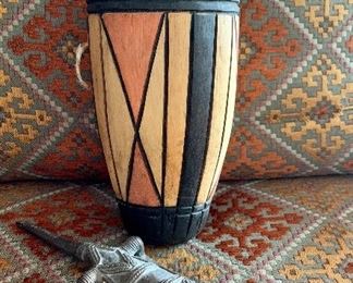 Item 197:  Tribal drum and cast metal crocodile:  $85                                         Drum - 10.75"                                                                                                           Crocodile - 12"