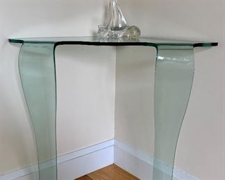 Item 191:  Roche Bobois Modern Bent Glass Corner Table with Two Legs - 25.5" x 30.75":  $545