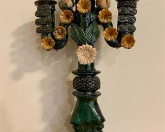 Item 277:  Ornate, forest green candelabra - pottery, with birds and flowers - 21": $38