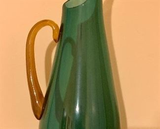 Item 176:  Church and Maple Glass Studio, VT - Signed emerald green pitcher w/ tan handle- 13.75": $32