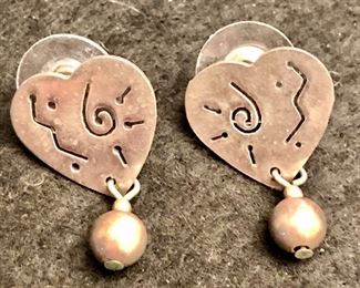 Item 130:  Signed Sterling Silver Heart Earrings with Drop Ball: $28