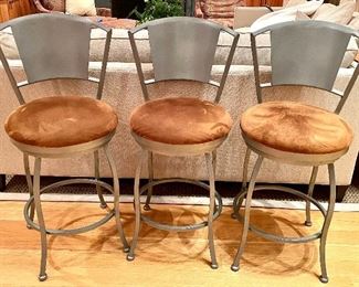 Item 309:  Set of 3 Swivel Barstools, Brown Suede Seats - 16.5"l x 16.5"w x 38"h and seat height - 25": $250