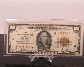 Yr: 1929
Origin: National Currency
Denomination New York $100 Brown Note
