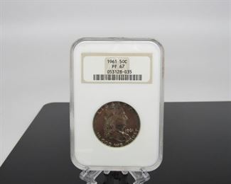 Yr: 1961
Denomination Franklin Silver
Series: Half Dollar
Located in: Chattanooga, TN
PF67