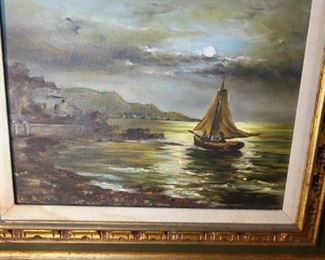 canvas oil painting 28in by 24 boat by Lee Marvin signed