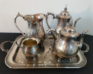 Silver Plate set coffee, tea, and cream are Sheridan water pitcher is Leonard